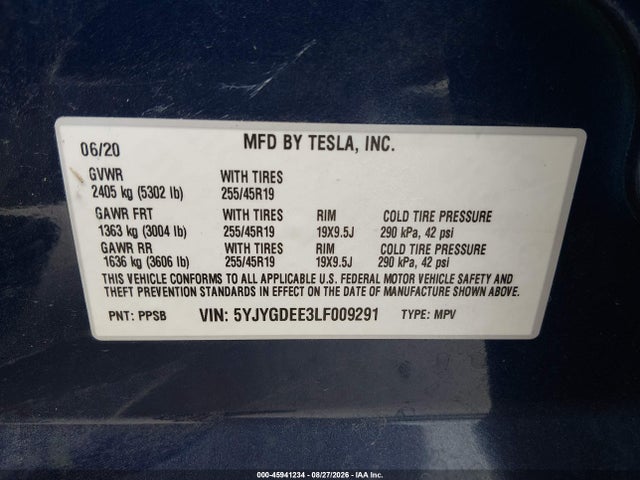 Продажа на аукционе авто 2020 Tesla Model Y Long Range Dual Motor All-wheel Drive, vin: 5YJYGDEE3LF009291, номер лота: 45941234