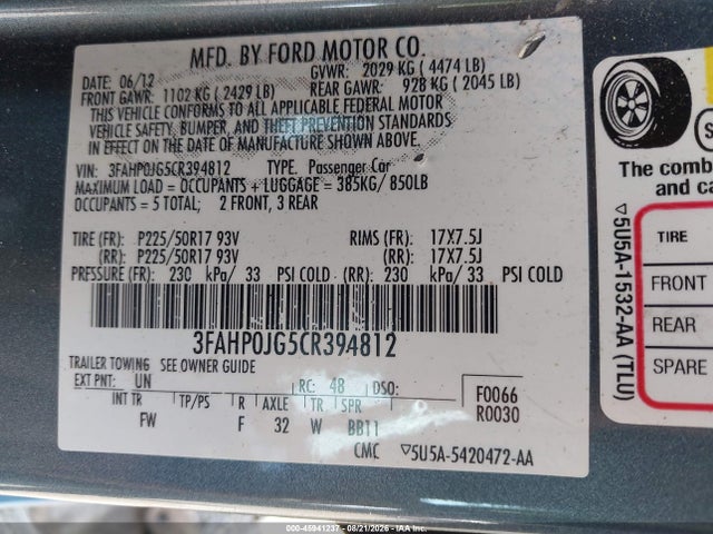 2012 Ford Fusion Sel მანქანა იყიდება აუქციონზე, vin: 3FAHP0JG5CR394812, აუქციონის ნომერი: 45941237
