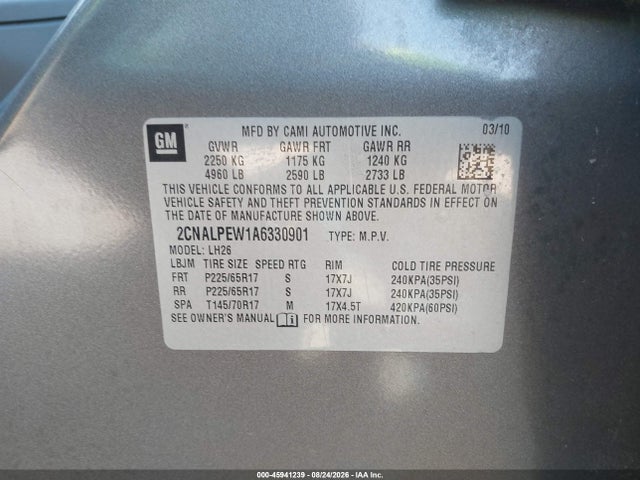 Aukcja sprzedaży 2010 Chevrolet Equinox Lt, vin: 2CNALPEW1A6330901, numer aukcji: 45941239