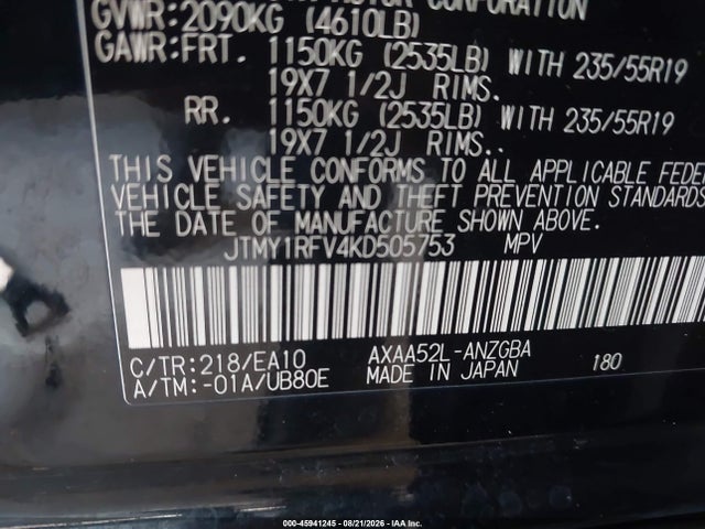 2019 Toyota Rav4 Limited მანქანა იყიდება აუქციონზე, vin: JTMY1RFV4KD505753, აუქციონის ნომერი: 45941245