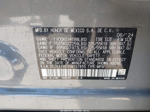 45941275 :رقم المزاد ، 3CZRZ1H53SM707655 vin ، 2025 Honda Hr-v 2wd Sport مزاد بيع