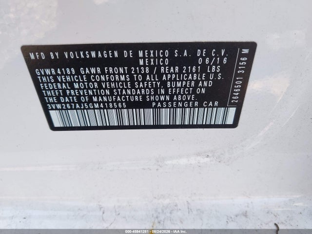 Aukcja sprzedaży 2016 Volkswagen Jetta 1.4t S, vin: 3VW267AJ5GM418565, numer aukcji: 45941281