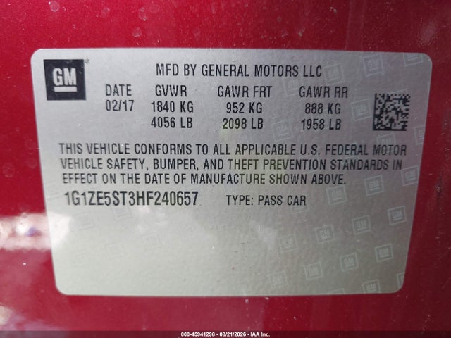 45941298 :رقم المزاد ، 1G1ZE5ST3HF240657 vin ، 2017 Chevrolet Malibu 1lt مزاد بيع