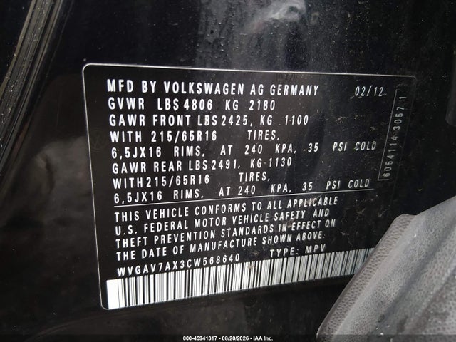 45941317 :رقم المزاد ، WVGAV7AX3CW568640 vin ، 2012 Volkswagen Tiguan Le مزاد بيع