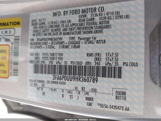 2017 Ford Fusion Hybrid S მანქანა იყიდება აუქციონზე, vin: 3FA6P0UU9HR360789, აუქციონის ნომერი: 45941324