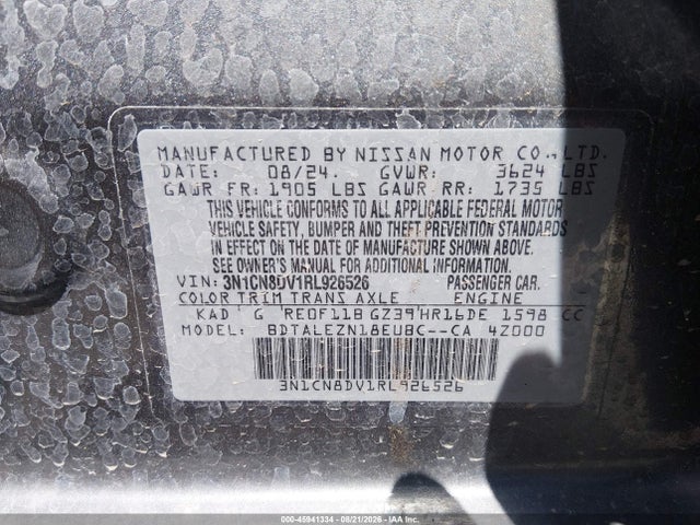 2024 Nissan Versa 1.6 S მანქანა იყიდება აუქციონზე, vin: 3N1CN8DV1RL926526, აუქციონის ნომერი: 45941334