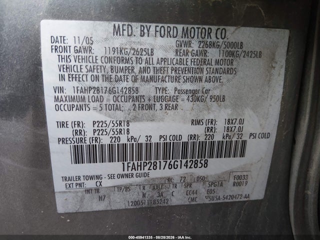 Продажа на аукционе авто 2006 Ford Five Hundred Limited, vin: 1FAHP28176G142858, номер лота: 45941335