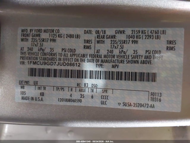 45941348 :رقم المزاد ، 1FMCU9GD7JUD08612 vin ، 2018 Ford Escape Se مزاد بيع