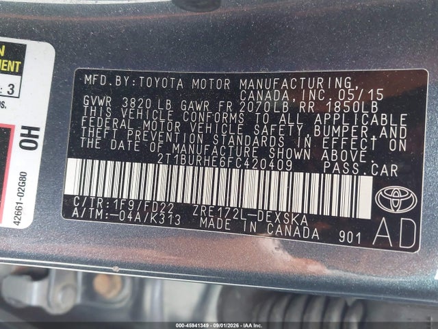 2T1BURHE6FC420409 Toyota Corolla L/le/le Pls/prm/s/s Pls