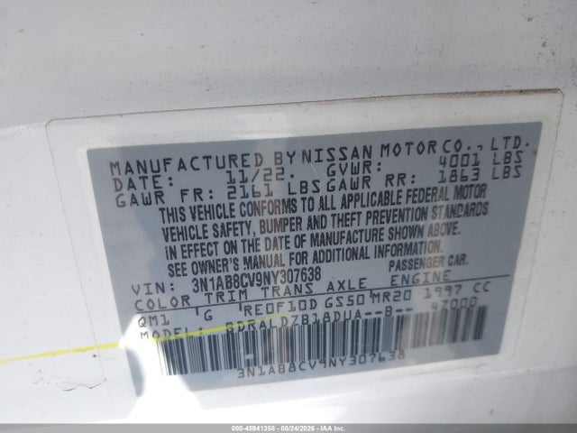 Aukcja sprzedaży 2022 Nissan Sentra Sv Xtronic Cvt, vin: 3N1AB8CV9NY307638, numer aukcji: 45941358