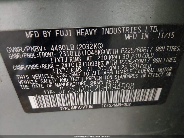 45941364 :رقم المزاد ، JF2SJADC2GH494598 vin ، 2016 Subaru Forester 2.5i Premium مزاد بيع