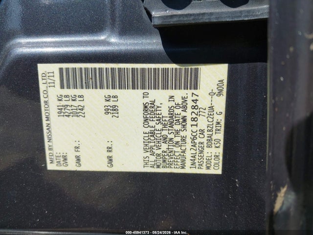 Продаж на аукціоні авто 2012 Nissan Altima 2.5 S, vin: 1N4AL2AP6CC182847, номер лоту: 45941373