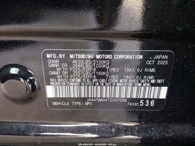 JA4ATWAA4TZ007288 Mitsubishi Eclipse Cross Black Edition S-awc/se S-awc/sel S-awc