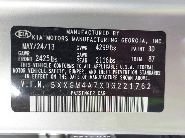 45941432 :رقم المزاد ، 5XXGM4A7XDG221762 vin ، 2013 Kia Optima Lx مزاد بيع
