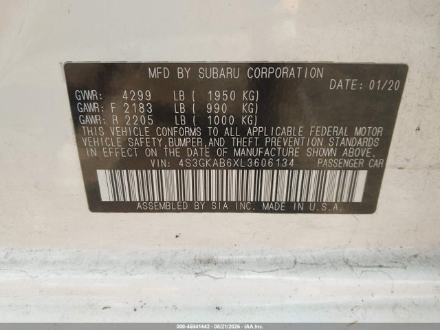 Продажа на аукционе авто 2020 Subaru Impreza Sedan, vin: 4S3GKAB6XL3606134, номер лота: 45941442