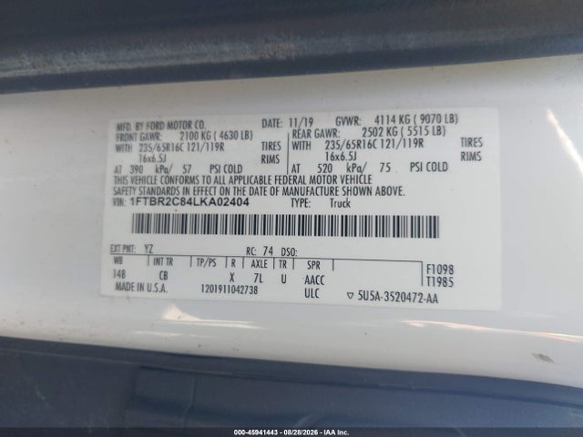 Aukcja sprzedaży 2020 Ford Transit-250, vin: 1FTBR2C84LKA02404, numer aukcji: 45941443