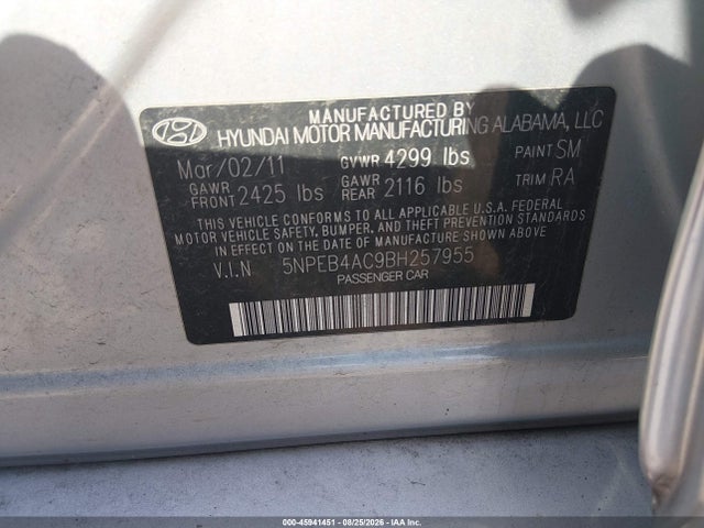 45941451 :رقم المزاد ، 5NPEB4AC9BH257955 vin ، 2011 Hyundai Sonata Gls مزاد بيع
