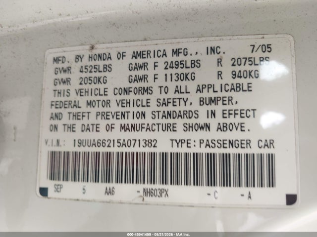 45941459 :رقم المزاد ، 19UUA66215A071382 vin ، 2005 Acura Tl مزاد بيع