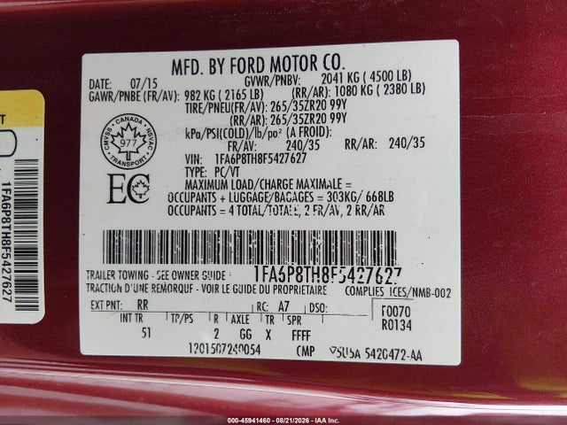 45941460 :رقم المزاد ، 1FA6P8TH8F5427627 vin ، 2015 Ford Mustang Ecoboost Premium مزاد بيع