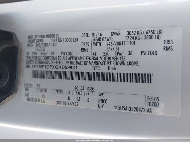Aukcja sprzedaży 2016 Ford F-150 Xl, vin: 1FTMF1CFXGKD59831, numer aukcji: 45941465
