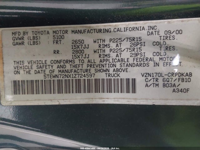 2001 Toyota Tacoma Base V6 მანქანა იყიდება აუქციონზე, vin: 5TEWN72NX1Z724597, აუქციონის ნომერი: 45941468