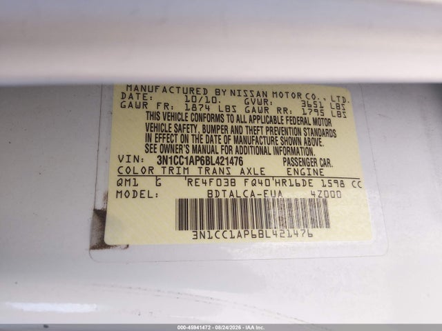 45941472 :رقم المزاد ، 3N1CC1AP6BL421476 vin ، 2011 Nissan Versa 1.6 مزاد بيع