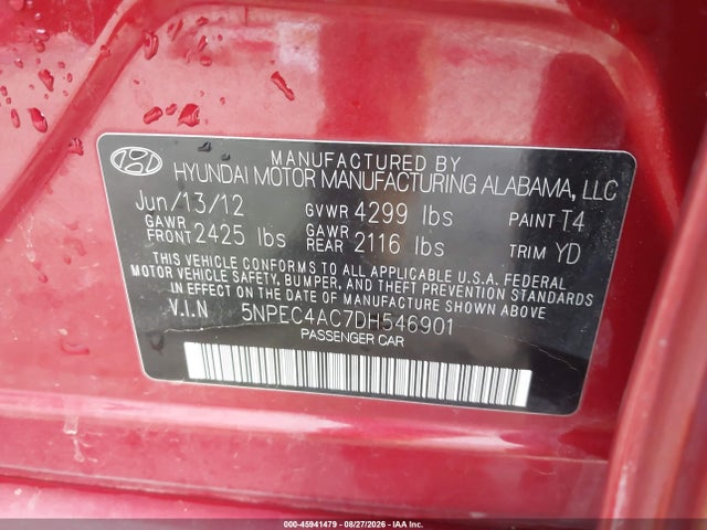 Aukcja sprzedaży 2013 Hyundai Sonata Limited, vin: 5NPEC4AC7DH546901, numer aukcji: 45941479