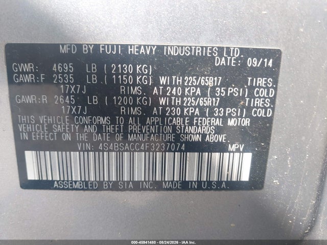 Aukcja sprzedaży 2015 Subaru Outback 2.5i Premium, vin: 4S4BSACC4F3237074, numer aukcji: 45941480