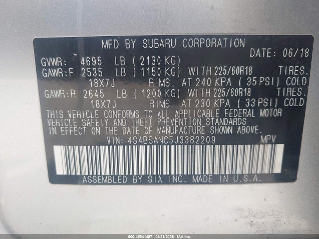 Aukcja sprzedaży 2018 Subaru Outback 2.5i Limited, vin: 4S4BSANC5J3382209, numer aukcji: 45941487