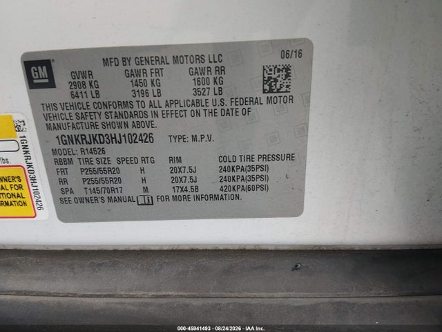 Aukcja sprzedaży 2017 Chevrolet Traverse Premier, vin: 1GNKRJKD3HJ102426, numer aukcji: 45941493