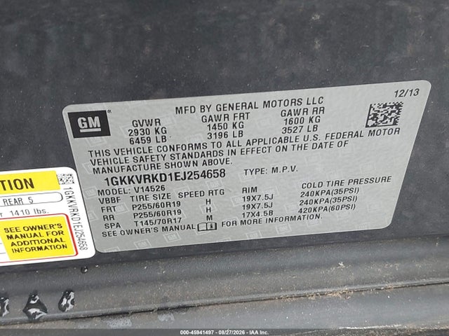 2014 Gmc Acadia Slt-1 მანქანა იყიდება აუქციონზე, vin: 1GKKVRKD1EJ254658, აუქციონის ნომერი: 45941497