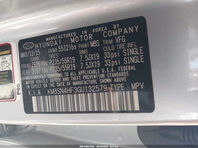 Продажа на аукционе авто 2016 Hyundai Santa Fe Se, vin: KM8SN4HF3GU132579, номер лота: 45941504