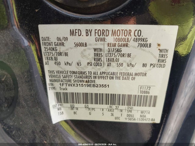 45941510 :رقم المزاد ، 1FTWX31519EB23551 vin ، 2009 Ford Super Duty F-350 Srw Fx4/lariat/xl/xlt مزاد بيع