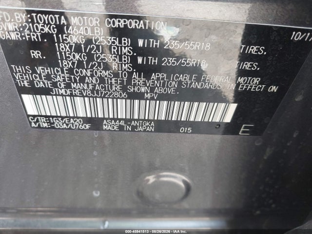 Aukcja sprzedaży 2018 Toyota Rav4 Limited, vin: JTMDFREV8JJ722806, numer aukcji: 45941513