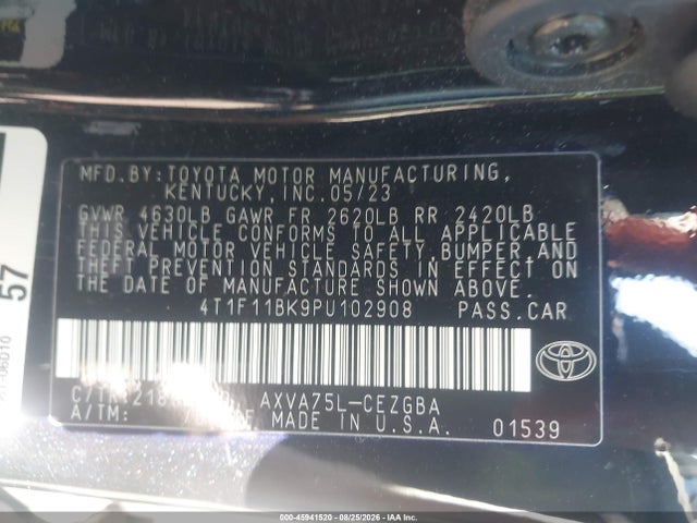 45941520 :رقم المزاد ، 4T1F11BK9PU102908 vin ، 2023 Toyota Camry Xle Awd مزاد بيع