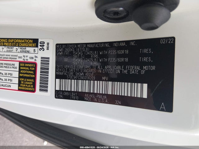 2022 Toyota Sienna Platinum მანქანა იყიდება აუქციონზე, vin: 5TDESKFC5NS056209, აუქციონის ნომერი: 45941525