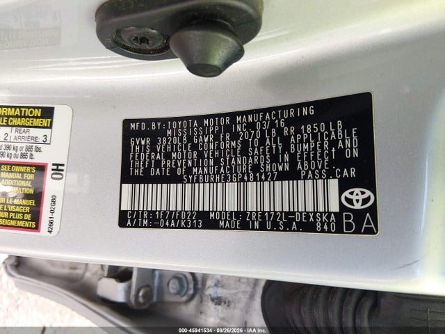 5YFBURHE3GP481427 Toyota Corolla S Plus