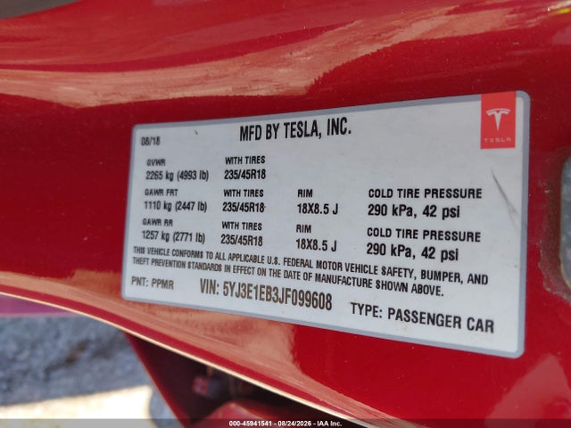 Aukcja sprzedaży 2018 Tesla Model 3 Long Range/performance, vin: 5YJ3E1EB3JF099608, numer aukcji: 45941541