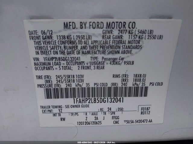 2013 Ford Police Interceptor მანქანა იყიდება აუქციონზე, vin: 1FAHP2L85DG132041, აუქციონის ნომერი: 45941543