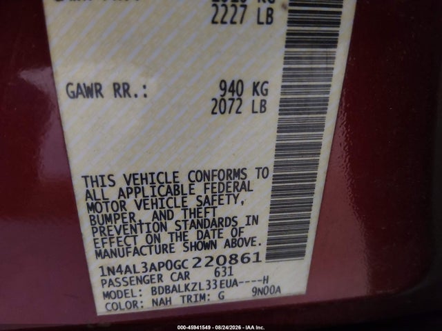 Aukcja sprzedaży 2016 Nissan Altima 2.5 Sv, vin: 1N4AL3AP0GC220861, numer aukcji: 45941549