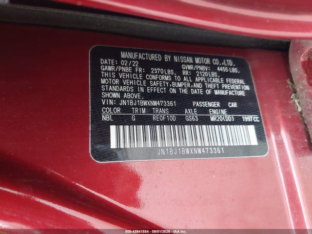 45941554 :رقم المزاد ، JN1BJ1BWXNW473361 vin ، 2022 Nissan Rogue Sport Sv Awd Xtronic Cvt مزاد بيع
