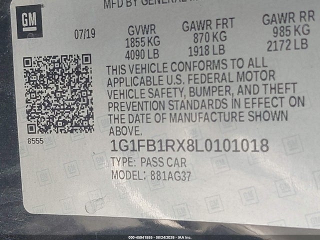 2020 Chevrolet Camaro Rwd  1lt მანქანა იყიდება აუქციონზე, vin: 1G1FB1RX8L0101018, აუქციონის ნომერი: 45941555