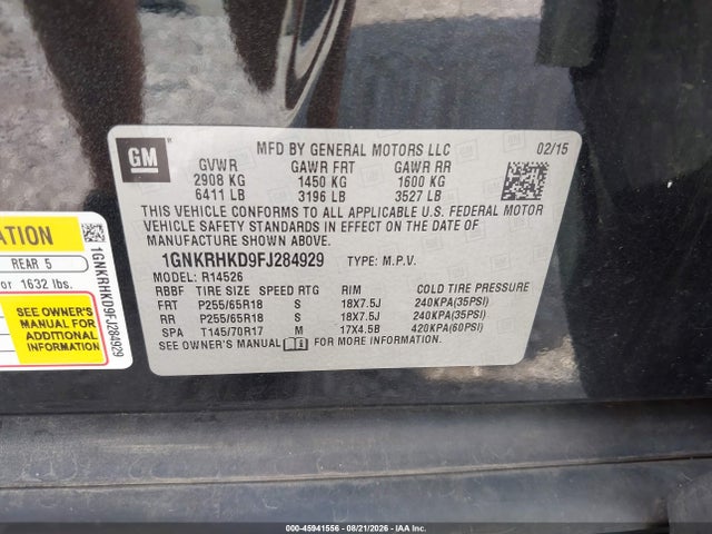 Продаж на аукціоні авто 2015 Chevrolet Traverse Lt, vin: 1GNKRHKD9FJ284929, номер лоту: 45941556