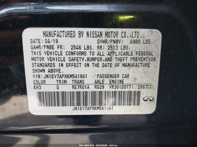 Продаж на аукціоні авто 2019 Infiniti Q50 3.0t Luxe, vin: JN1EV7APXKM541941, номер лоту: 45941576