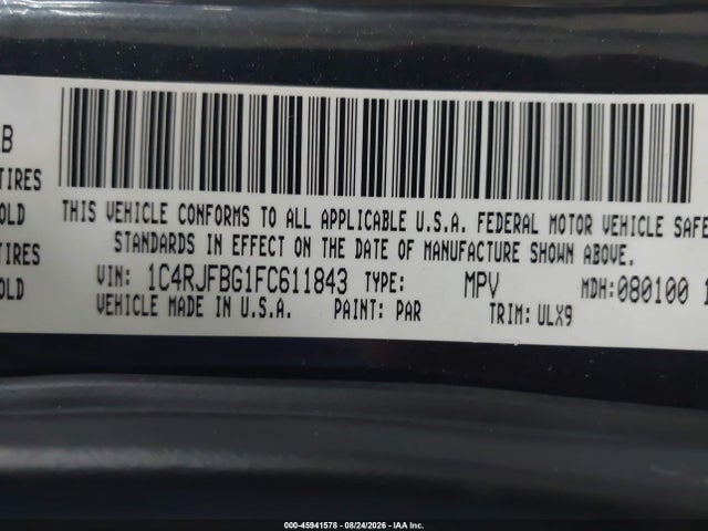 2015 Jeep Grand Cherokee Limited მანქანა იყიდება აუქციონზე, vin: 1C4RJFBG1FC611843, აუქციონის ნომერი: 45941578