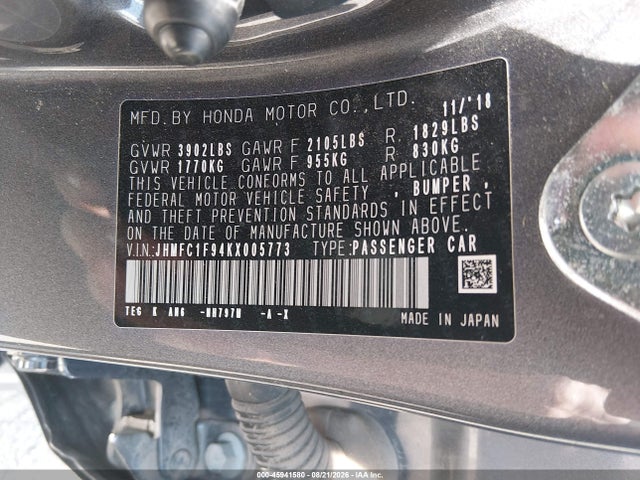 45941580 :رقم المزاد ، JHMFC1F94KX005773 vin ، 2019 Honda Civic Touring مزاد بيع