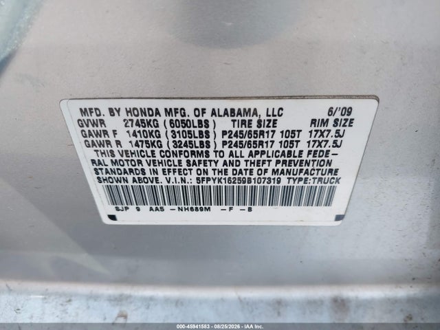45941583 :رقم المزاد ، 5FPYK16259B107319 vin ، 2009 Honda Ridgeline Rt مزاد بيع