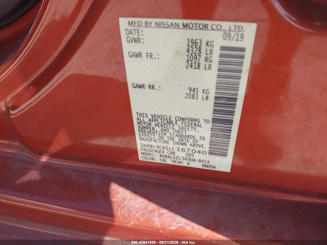 Продаж на аукціоні авто 2020 Nissan Altima Sr Fwd, vin: 1N4BL4CV1LC167040, номер лоту: 45941589