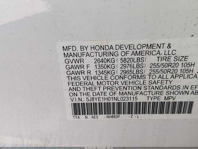 2022 Acura Mdx A-spec Package მანქანა იყიდება აუქციონზე, vin: 5J8YE1H01NL023115, აუქციონის ნომერი: 45941595
