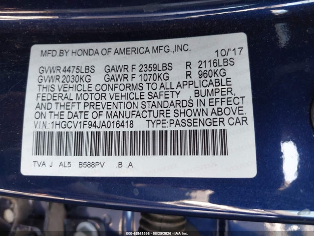 Honda Accord Touring 2018 1HGCV1F94JA016418 Image 9